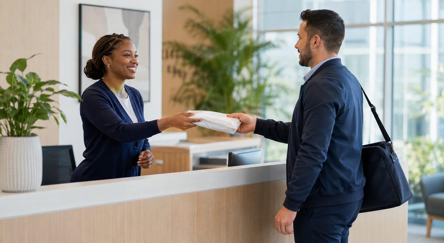 Professional courier completing a secure handoff with a healthcare office administrator