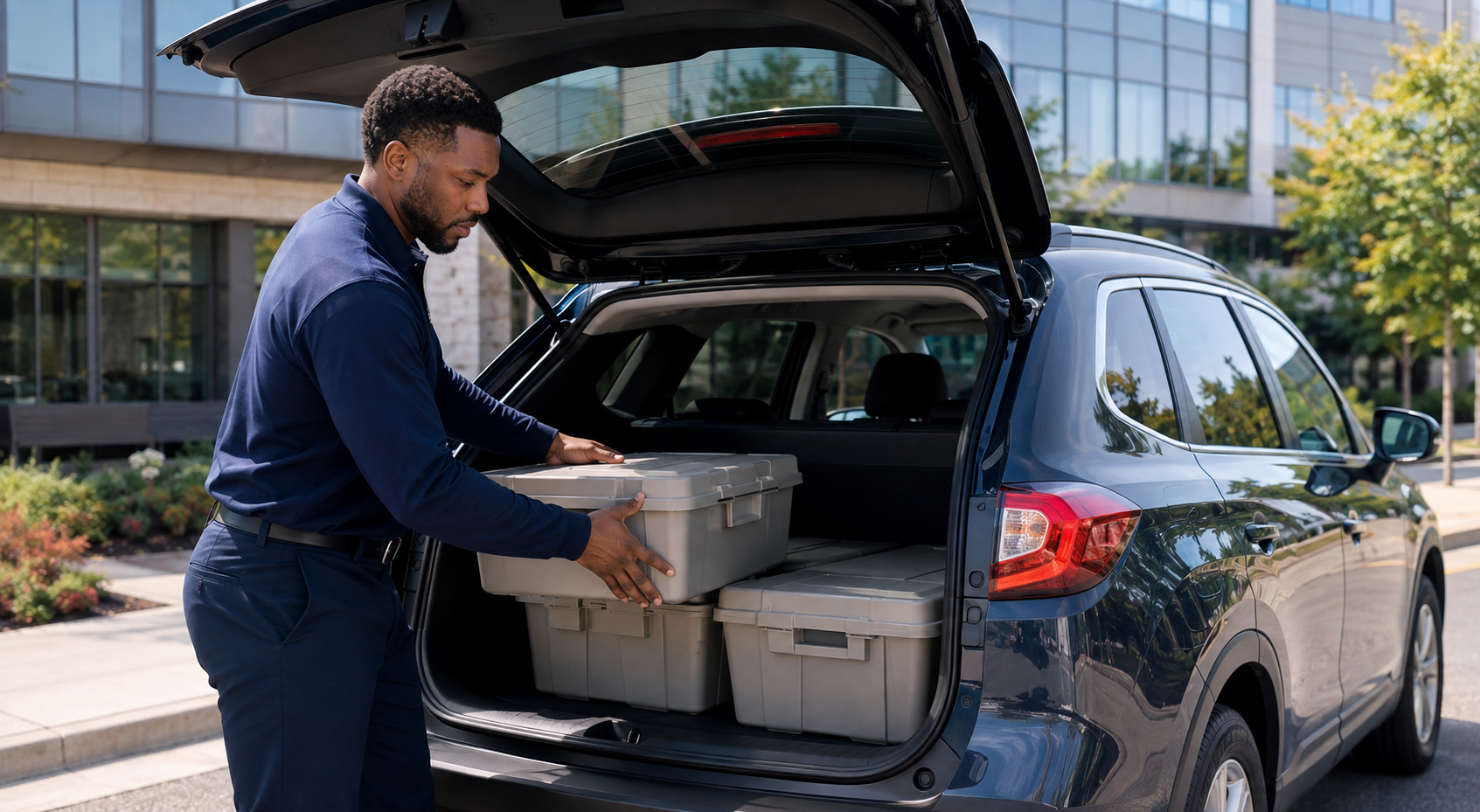 JFML courier organizing sealed healthcare delivery packages for a recurring route